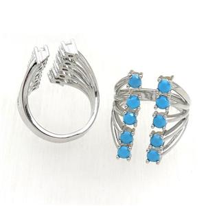 copper Rings pave blue zircon, adjustable, platinum plated, approx 20mm, 20mm dia