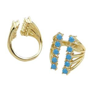 copper Rings pave blue zircon, adjustable, gold plated, approx 20mm, 20mm dia