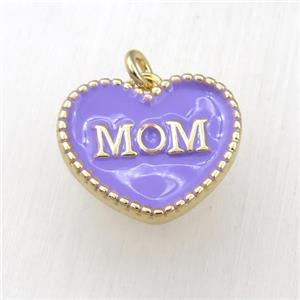 copper heart MOM pendant with lavender enameling, gold plated, approx 17-20mm