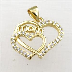copper heart MOM pendant paved zircon, gold plated, approx 15-18mm