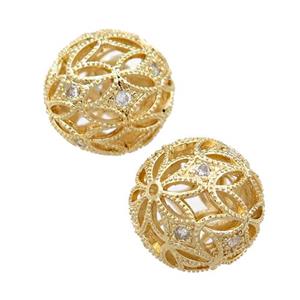 copper round beads pave zircon, hollow, gold plated, approx 16mm dia