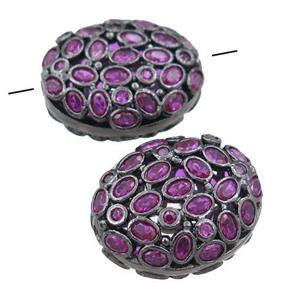 copper oval beads pave hotpink zircon, hollow, black plated, approx 16-19mm