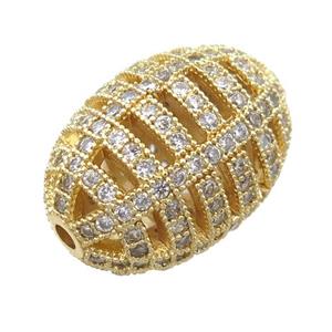 copper barrel beads pave zircon, hollow, gold plated, approx 15-21mm