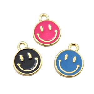 copper emoji pendant with enameled, mix circle, smile face, gold plated, approx 10mm