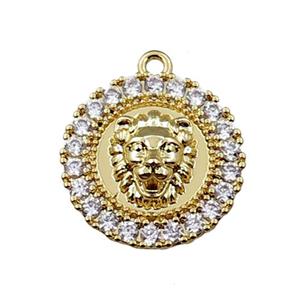 copper circle pendant pave zircon with leo, gold plated, approx 16mm dia