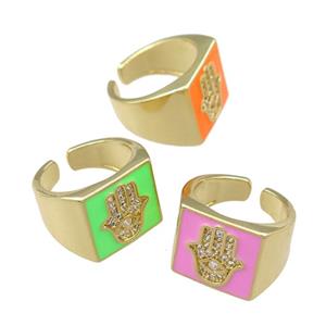 copper Rings with enameled, hamsahand, adjustable, gold plated, mixed, approx 14mm, 17mm
