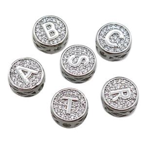 copper alphabet beads pave zircon, mix letter, platinum plated, approx 10mm
