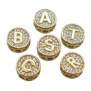 copper alphabet beads pave zircon, mixed letter, gold plated, approx 10mm