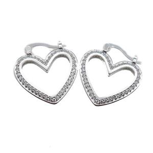 copper heart Latchback Earrings pave zircon, platinum plated, approx 21mm