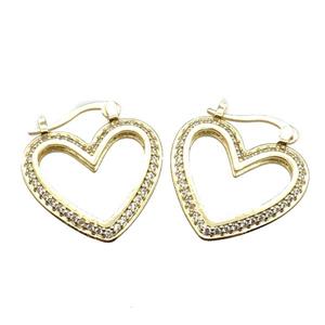 copper heart Latchback Earrings pave zircon, gold plated, approx 21mm
