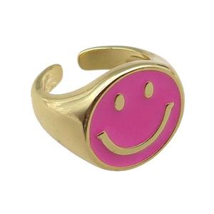 copper rings with pink enameled smileface emoji, adjustable, gold plated, approx 17.5mm, 18mm dia