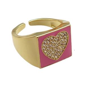 copper rings paved zircon with pink enameled, heart, adjustable, gold plated, approx 13mm, 18mm dia