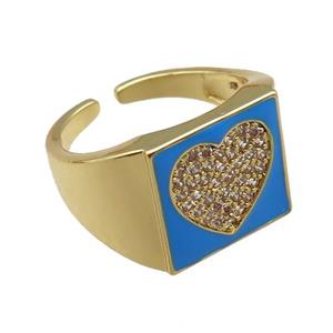 copper rings paved zircon with blue enameled, heart, adjustable, gold plated, approx 13mm, 18mm dia