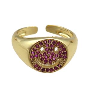 copper rings paved pink zircon with smileface emoji, adjustable, gold plated, approx 11mm, 18mm dia