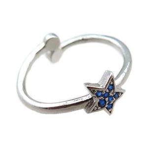 adjustable copper ring with star pave blue zircon, platinum plated, approx 8mm, 18mm dia