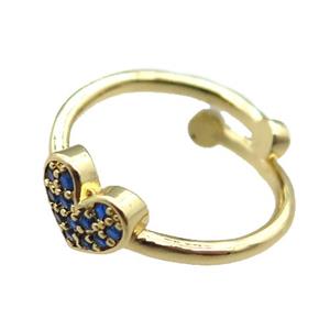 adjustable copper ring with heart pave blue zircon, gold plated, approx 8mm, 18mm dia