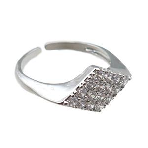 adjustable copper ring pave zircon, platinum plated, approx 9mm, 18mm dia
