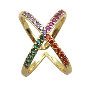adjustable copper ring pave zircon, gold plated, approx 16-20mm, 18mm dia