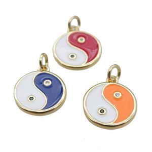 copper taichi pendant, yinyang charm, mix enameled, gold plated, approx 13mm dia