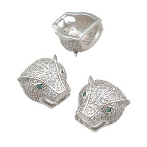 copper leopardhead beads pave zircon, platinum plated, approx 14mm