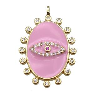 copper oval Eye pendant pave zircon with pink enamel, gold plated, approx 17.5-25mm