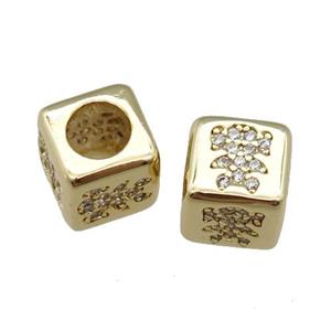 European Style copper cube beads pave zircon, kid, large hole, gold plated, approx 7.5mm, 4mm hole