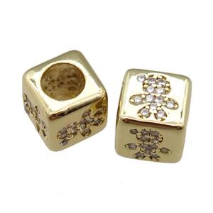 European Style copper cube beads pave zircon, kid, gold plated, approx 7.5mm, 4mm hole
