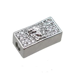 copper cuboid beads pave zircon, large hole, platinum plated, approx 6x13x5mm, 3mm hole