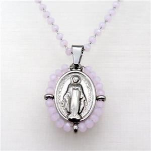Stainless Steel Jesus Necklace Pink Crystal Glass Platinum Plated, approx 23-30mm, 50-55cm length