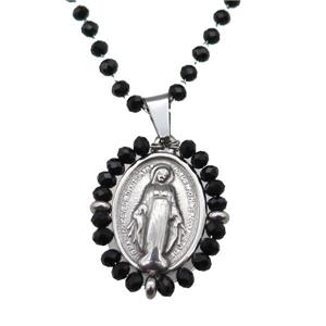 Stainless Steel Jesus Necklace Black Crystal Glass Platinum Plated, approx 23-30mm, 50-55cm length