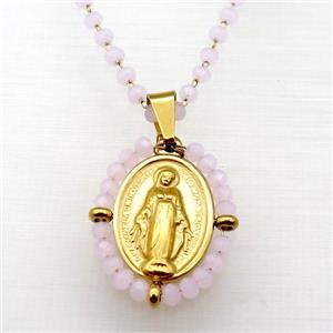 Stainless Steel Jesus Necklace Pink Crystal Glass Gold Plated, approx 23-30mm, 50-55cm length