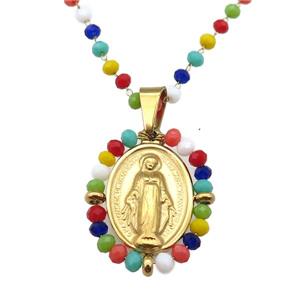Stainless Steel Jesus Necklace Multicolor Crystal Glass Gold Plated, approx 23-30mm, 50-55cm length