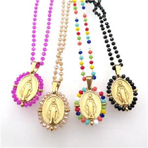 Stainless Steel Jesus Necklace Crystal Glass Gold Plated Mixed, approx 23-30mm, 50-55cm length