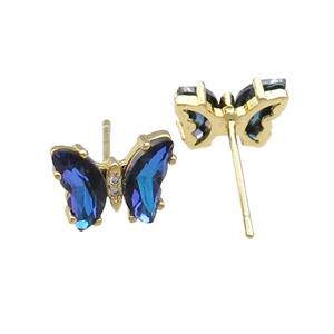 blue Crystal Glass Butterfly Stud Earrings, gold plated, approx 8-10mm
