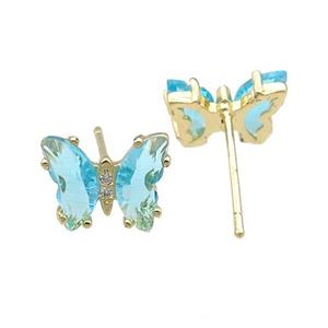 aqua Crystal Glass Butterfly Stud Earrings, gold plated, approx 8-10mm