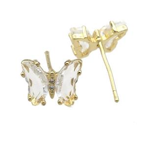 clear Crystal Glass Butterfly Stud Earrings, gold plated, approx 8-10mm