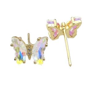 clear AB-color Crystal Glass Butterfly Stud Earrings, gold plated, approx 8-10mm