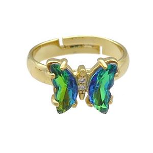 green Crystal Glass Butterfly Rings, gold plated, approx 8-10mm, 14mm