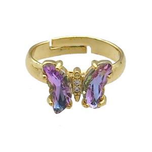 purple Crystal Glass Butterfly Rings, gold plated, approx 8-10mm, 14mm