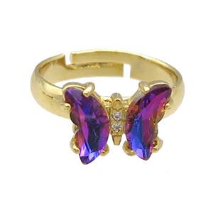multicolor Crystal Glass Butterfly Rings, gold plated, approx 8-10mm, 14mm