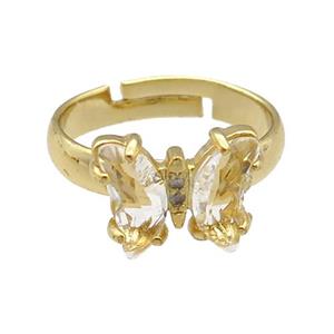 clear Crystal Glass Butterfly Rings, gold plated, approx 8-10mm, 14mm