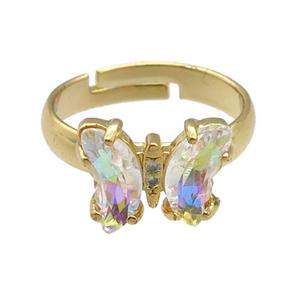 clear AB-color Crystal Glass Butterfly Rings, gold plated, approx 8-10mm, 14mm