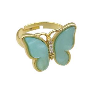 green Resin Butterfly Rings, adjustable, gold plated, approx 15-20mm, 18mm dia