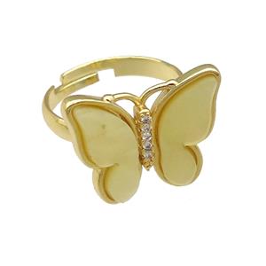 yellow Resin Butterfly Rings, adjustable, gold plated, approx 15-20mm, 18mm dia