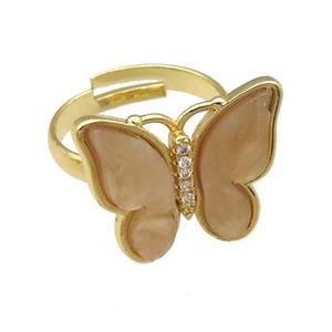 brown Resin Butterfly Rings, adjustable, gold plated, approx 15-20mm, 18mm dia