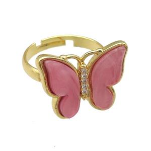pink Resin Butterfly Rings, adjustable, gold plated, approx 15-20mm, 18mm dia