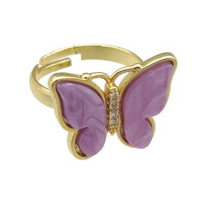 lavender Resin Butterfly Rings, adjustable, gold plated, approx 15-20mm, 18mm dia