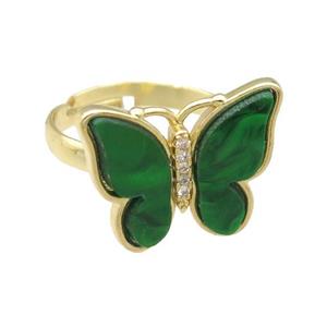 green Resin Butterfly Rings, adjustable, gold plated, approx 15-20mm, 18mm dia
