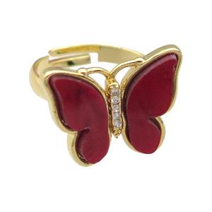 red Resin Butterfly Rings, adjustable, gold plated, approx 15-20mm, 18mm dia