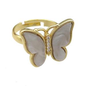 gray Resin Butterfly Rings, adjustable, gold plated, approx 15-20mm, 18mm dia
